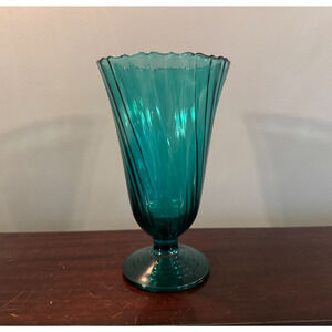 Jeannette Glass Swirl Ultramarine Vase 8.5 Inch Pedestal Aquamarine 1930s